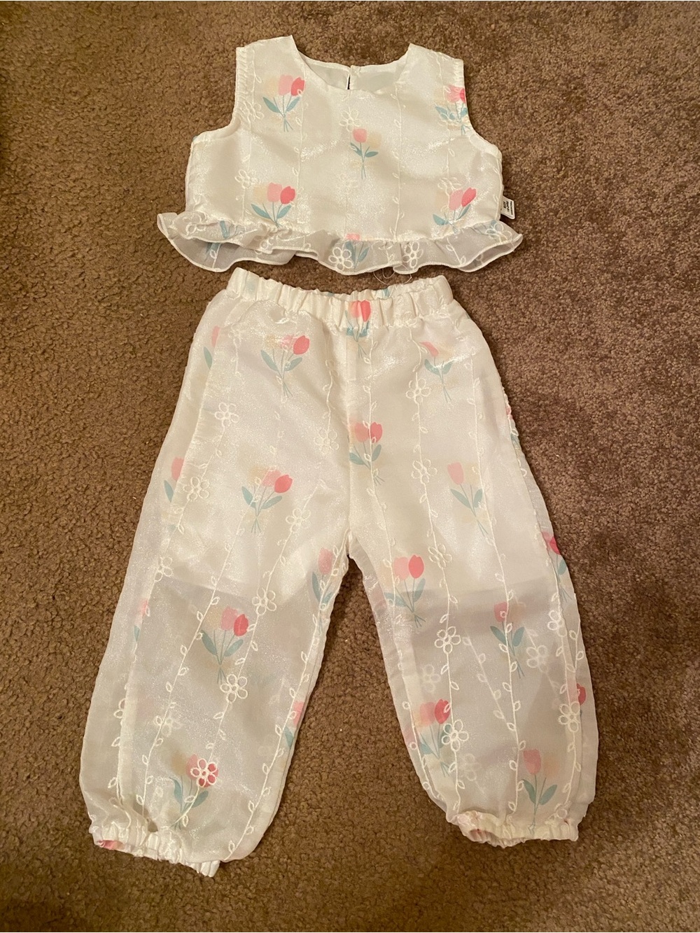 SHEIN White Floral Tulip Crop Top and Elastic Waist Pants Set with Pink and Mint